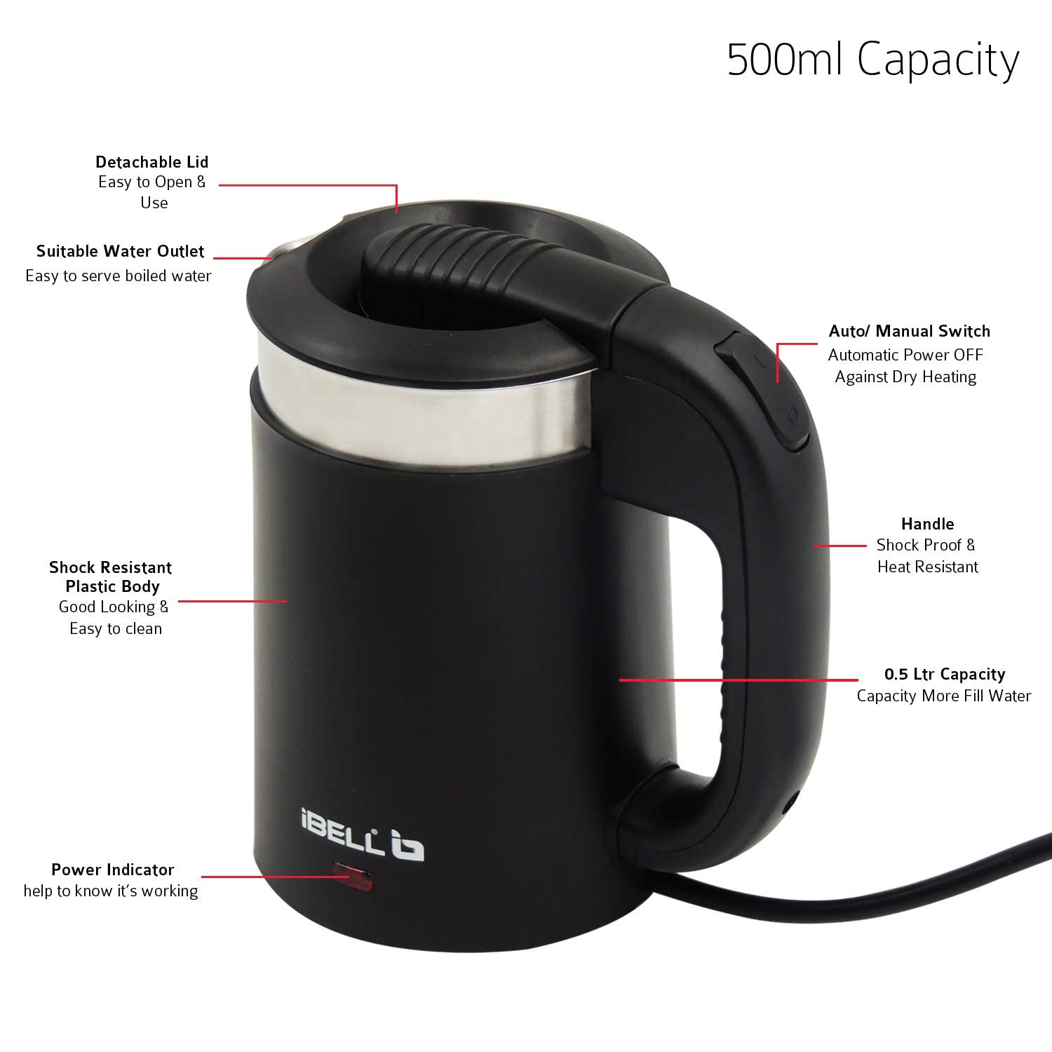 iBELL Sek105Bl Electric Kettle 500 Ml With Removable Lid
